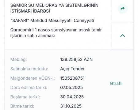 Şəmkir Su Meliorasiya Sistemlərinin İstismarı idarəsinin “1 milyon 800 min manat” Tenderləri…
