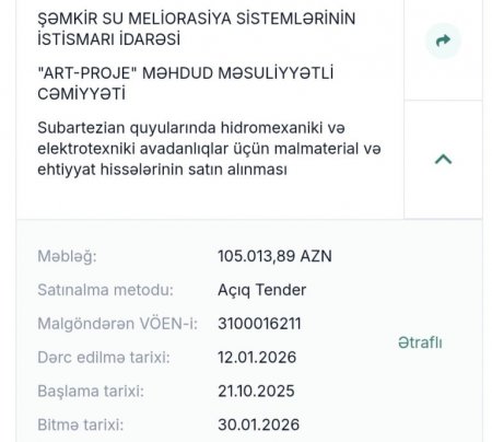 Şəmkir Su Meliorasiya Sistemlərinin İstismarı idarəsinin “1 milyon 800 min manat” Tenderləri…